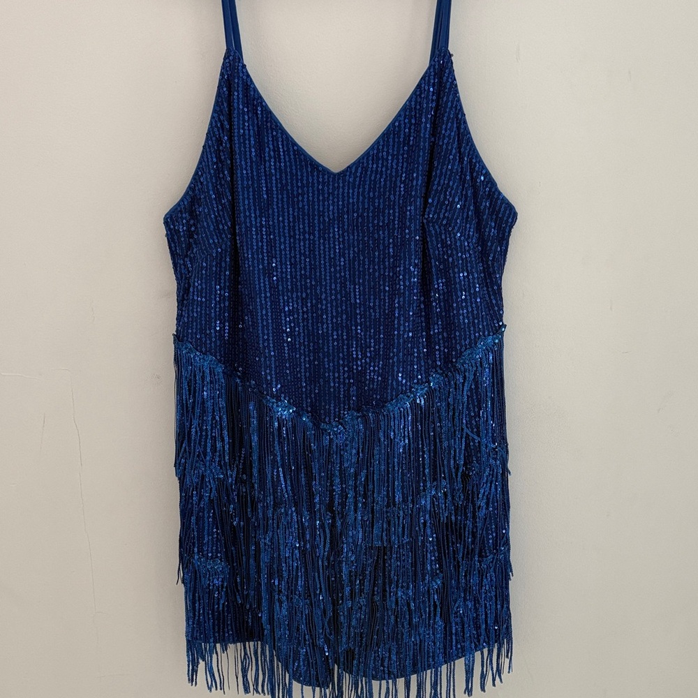 SHEIN Blue Sequin Fringe Slip Dress - Curve 2XL